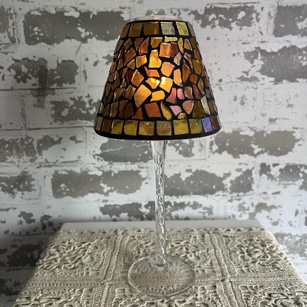 Vtg Amber Mosaic Glass Tea Light Lamp Swirl Art Glass Stand Boho Dark Romance